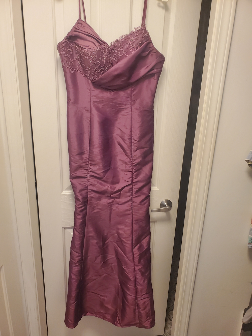 Mauve Satin Evening Gown with Lace Bodice